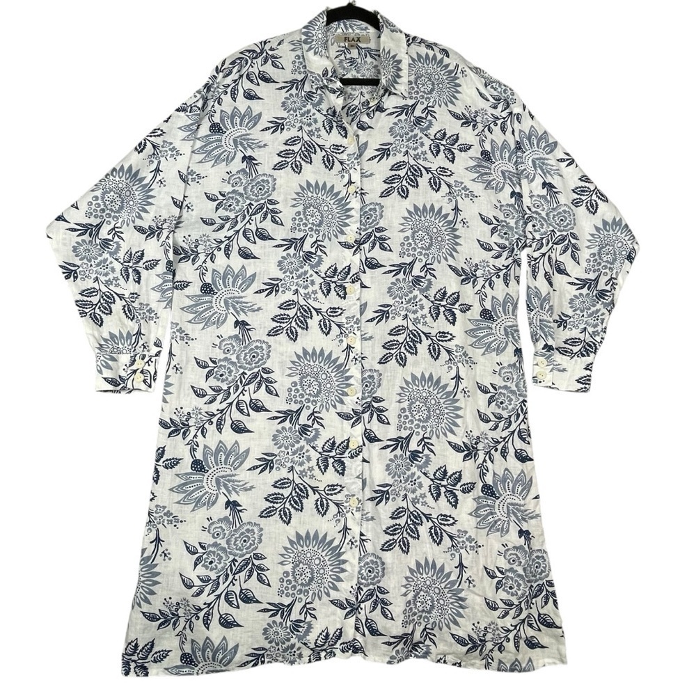 FLAX White Blue Floral Linen Shirt Dress Cottage Coastal Lagenlook Midi - Sz M